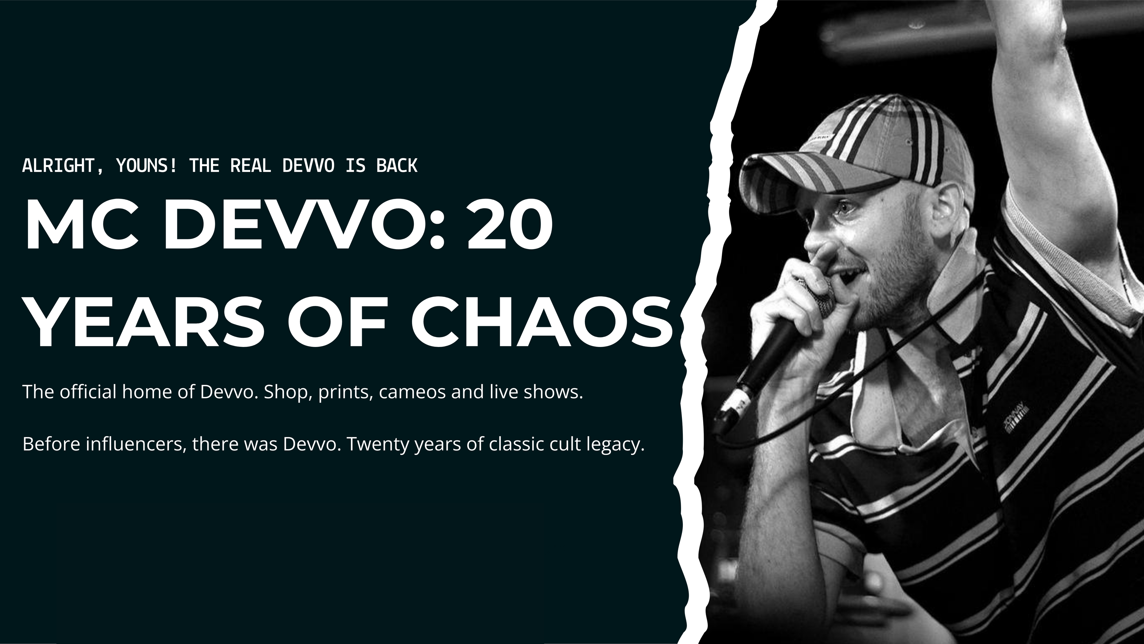 Promotional graphic for MC Devvo's 20 years of chaos with a person holding a microphone.