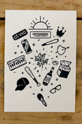 A collection of black and white "sticker-style" icons arranged in a circular pattern around the central text "GET YOUR RAT OUT." The icons include a rising sun, a crown, a keyboard, a baseball bat, a bottle of Buckfast, a pack of cigarettes, a baseball cap, and a "Kestrel" can. At the top is a logo for "Devonshire Trading Company."